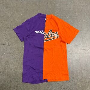 Baltimore Ravens Orioles Split T-Shirt Mens Small Custom Reconstructed Fan Gear